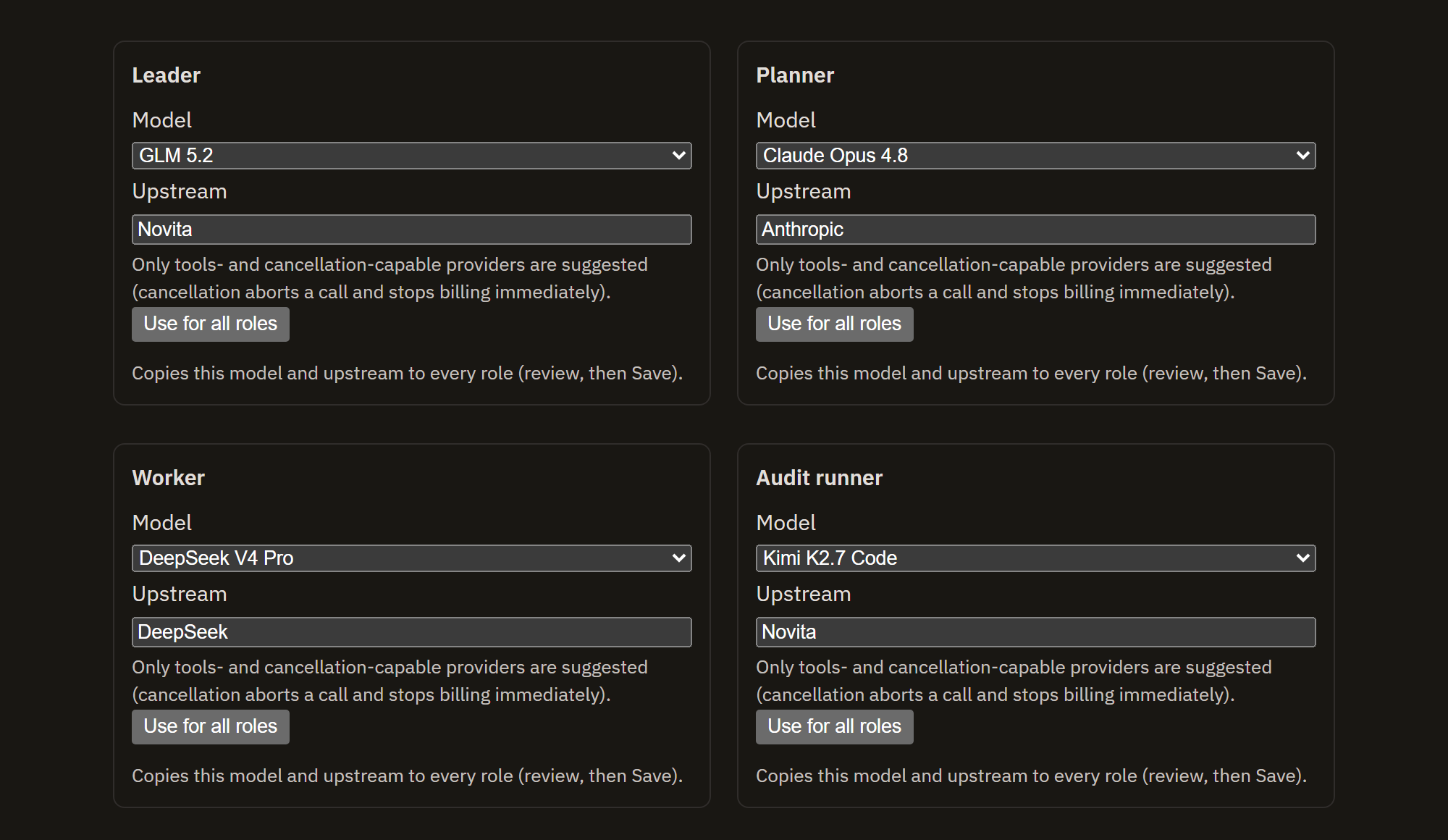 Panwright's model settings: each agent role bound to its own model through OpenRouter, with a frontier model on planning and review and a cheaper, faster one on the worker.